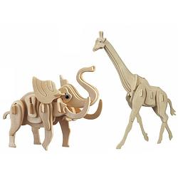 Foto van Houten 3d dieren puzzel bouwpakket set olifant en giraffe - 3d puzzels