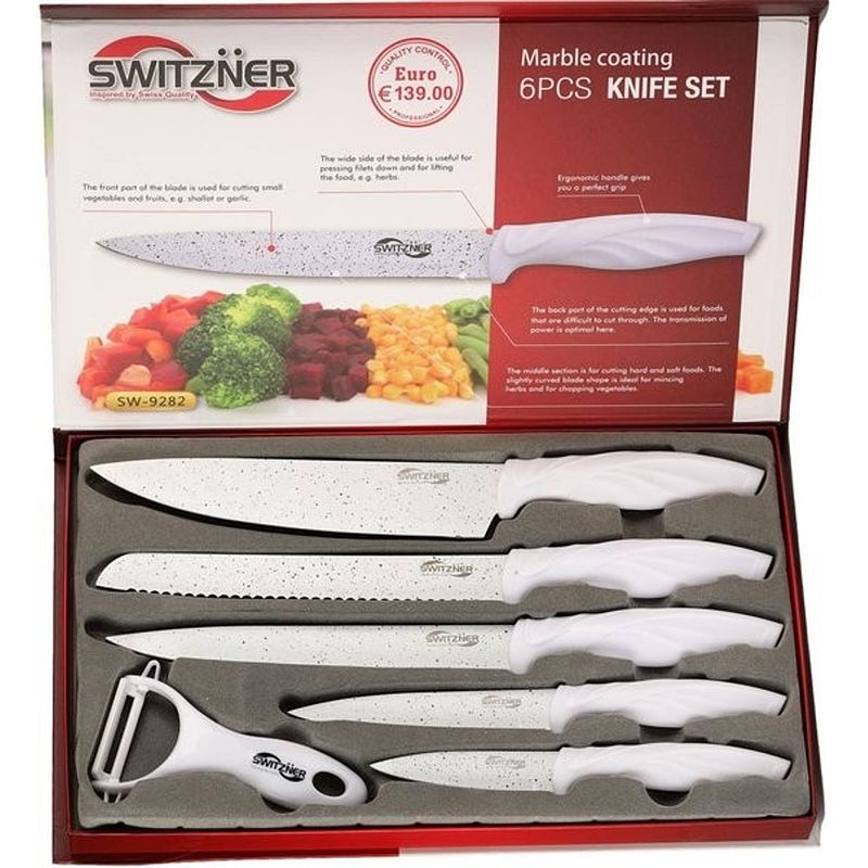 Foto van Switzner messenset wit - keramische non stick coating - 6 delig