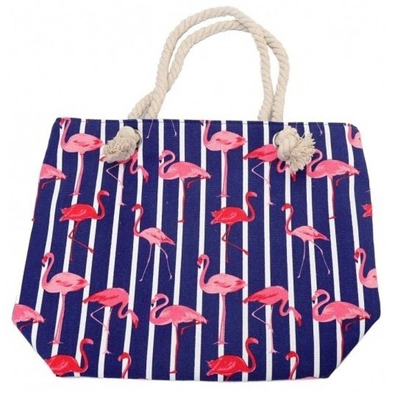 Foto van Strandtas flamingo print blauw 43 cm - strandartikelen beach bags/shoppers met ritssluiting