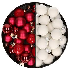 Foto van Mini kerstballen - 48x st - rood en satijn wit - 2,5 cm - glas - kerstbal