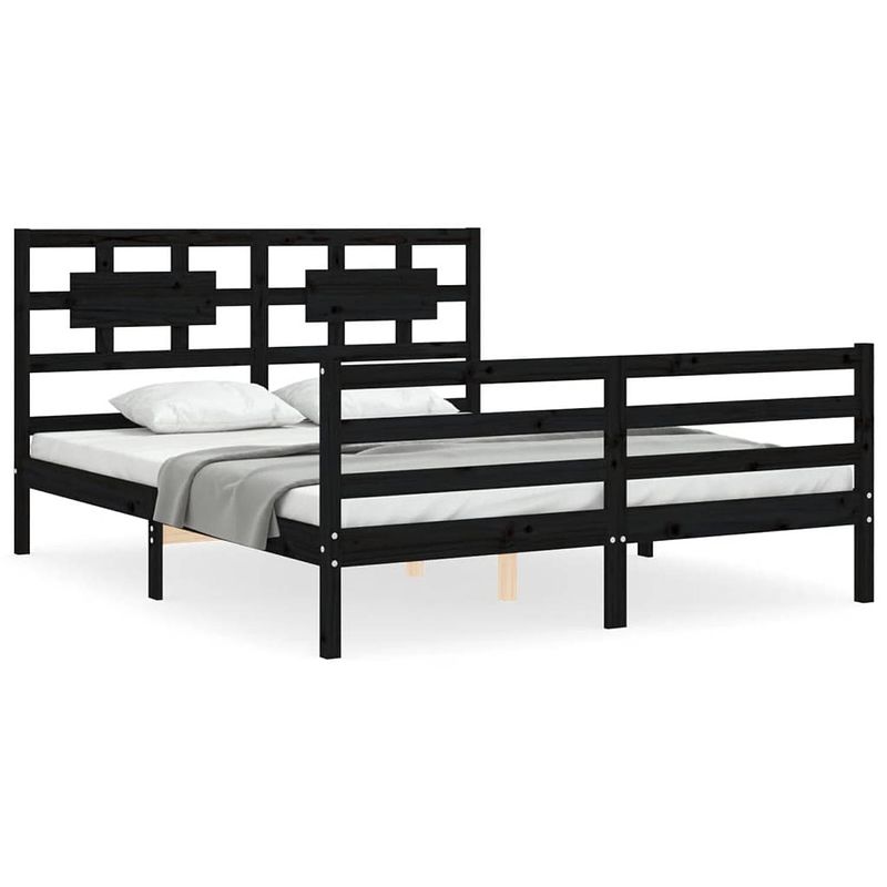 Foto van The living store massief grenenhouten bedframe - zwart - 205.5 x 165.5 x 100 cm - multiplex lattenbodem