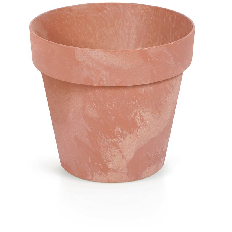 Foto van Kunststof bloempotten/plantenpotten betonlook 14 cm terracotta - plantenpotten