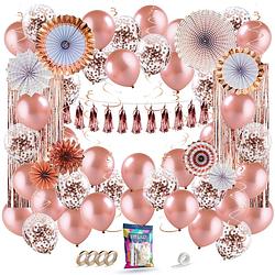 Foto van Fissaly® 68 stuks rose goud xl decoratie feestpakket - ballonnen & slingers - feest versiering