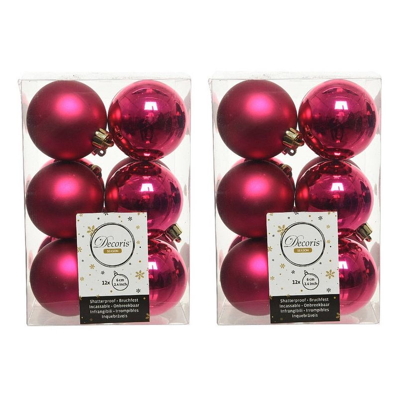 Foto van 24x kunststof kerstballen glanzend/mat bessen roze 6 cm kerstboom versiering/decoratie - kerstbal