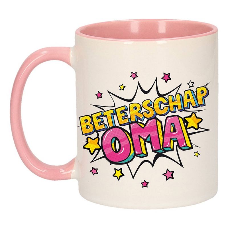 Foto van Beterschap oma cadeau mok / beker wit en roze 300 ml - feest mokken