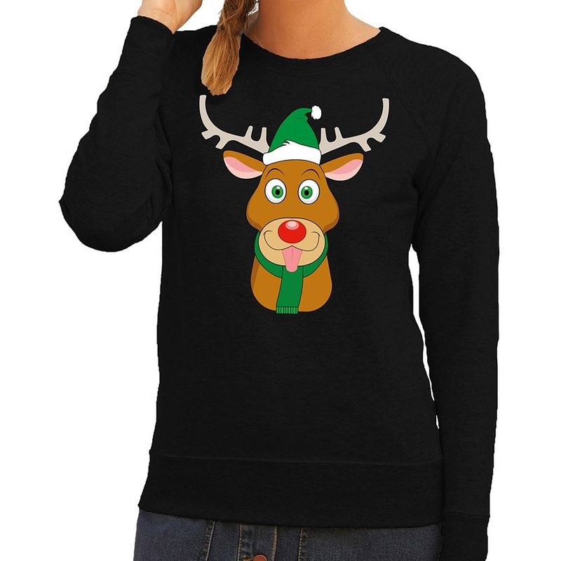 Foto van Foute kersttrui / sweater met rudolf het rendier met groene kerstmuts zwart voor dames - kersttruien 2xl (44)