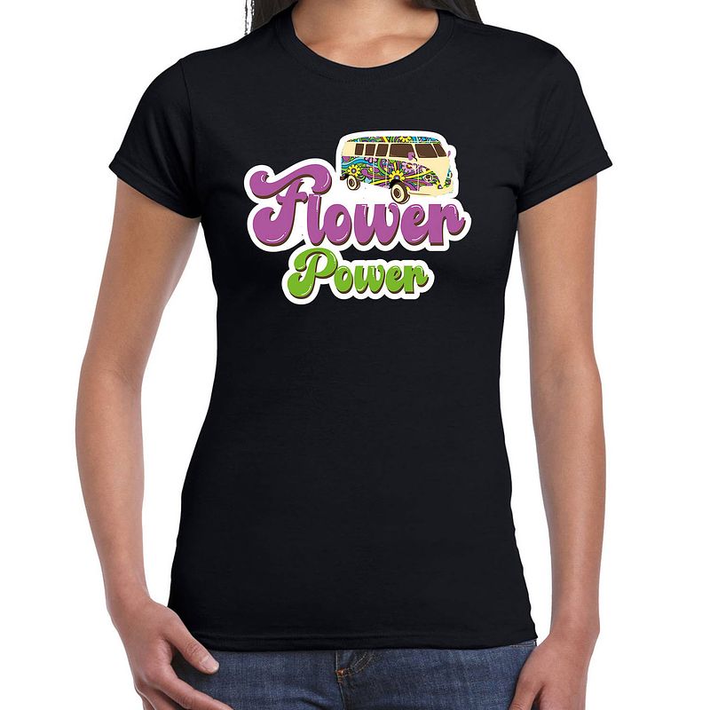 Foto van Toppers jaren 60 flower power verkleed shirt zwart met hippie busje dames l - feestshirts