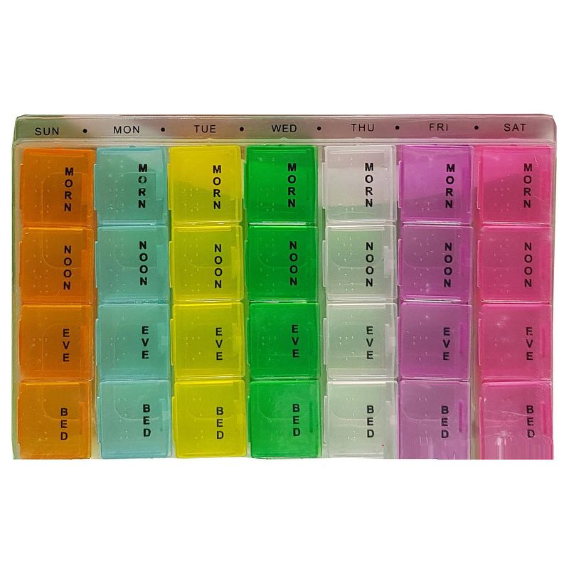 Foto van Gekleurde medicijnen doos/pillendoos 28-vaks wit 17 cm - pillendoosjes