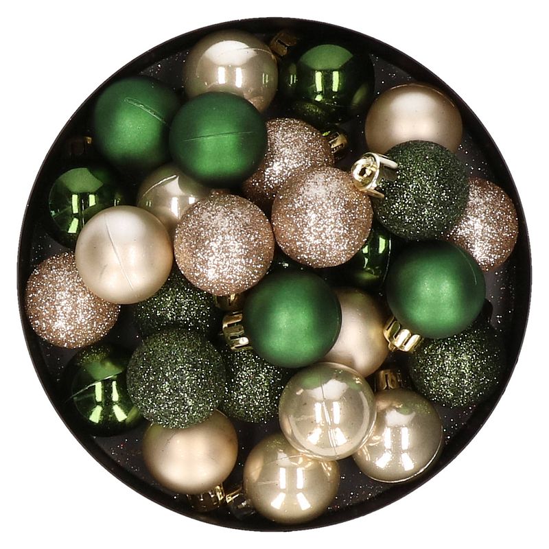 Foto van 28x stuks kunststof kerstballen parel/champagne en donkergroen mix 3 cm - kerstbal