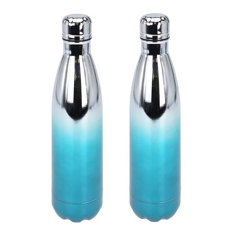 Foto van 2x stuks rvs thermosflessen / isoleerflessen voor onderweg 500 ml metallic turquoise - thermosflessen