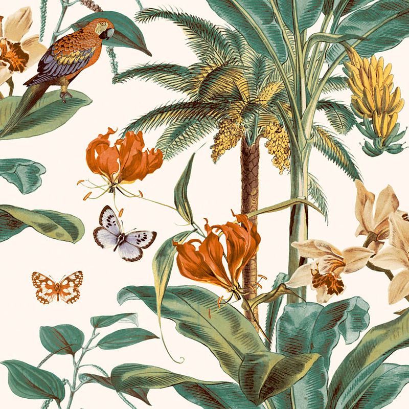 Foto van Dutch wallcoverings behang tropical palm groen en oranje