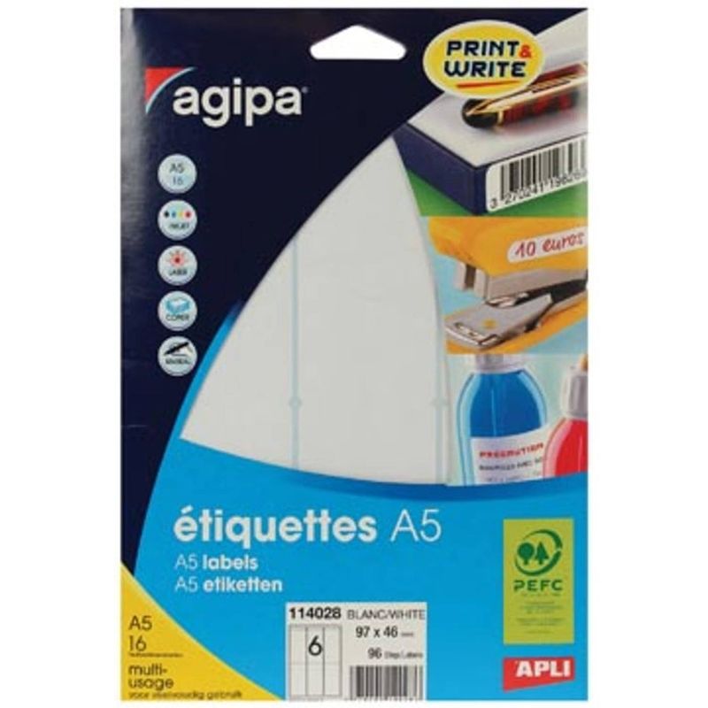 Foto van Agipa witte etiketten print & write ft 97 x 46 mm (b x h), 96 stuks, 6 per blad