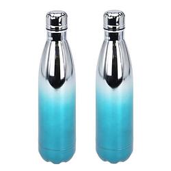 Foto van 2x stuks rvs thermosflessen / isoleerflessen voor onderweg 500 ml metallic turquoise - thermosflessen