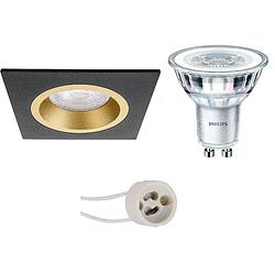 Foto van Led spot set - pragmi rodos pro - gu10 fitting - inbouw vierkant - mat zwart/goud - 93mm - philips - corepro 827 36d -