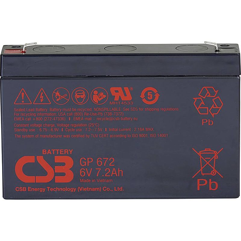 Foto van Csb battery gp 672 standby usv loodaccu 6 v 7.2 ah loodvlies (agm) (b x h x d) 151 x 101 x 34 mm kabelschoen 4.8 mm, kabelschoen 6.35 mm onderhoudsvrij,