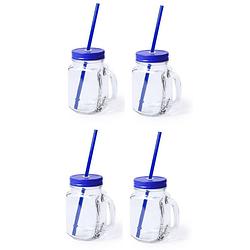 Foto van 4x stuks drink potjes van glas mason jar blauwe deksel 500 ml - drinkbekers