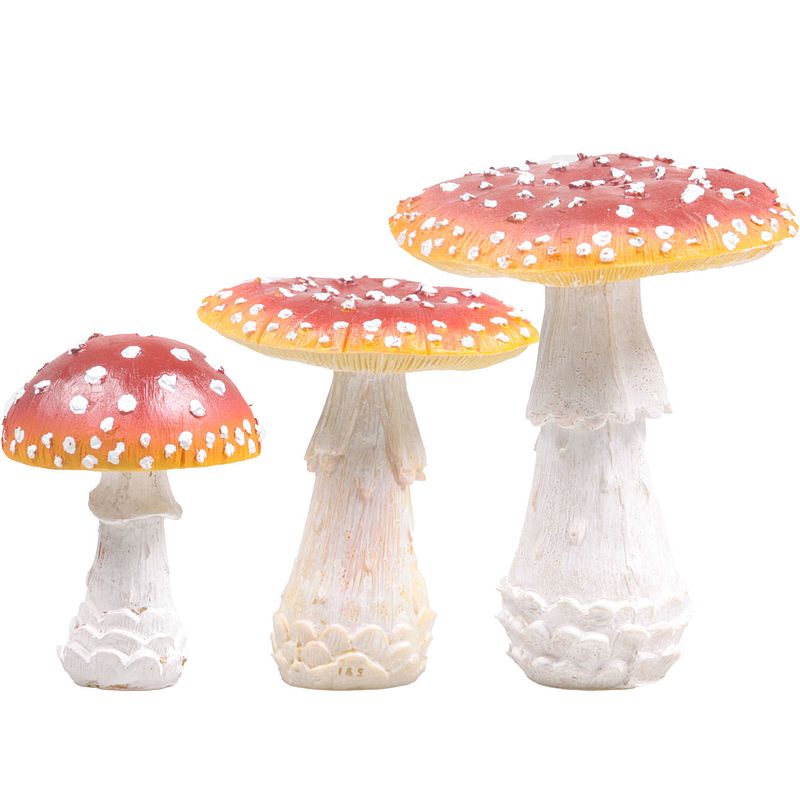 Foto van Decoratie paddenstoelen setje met 3x vliegenzwam paddenstoelen - herfst thema - tuinbeelden