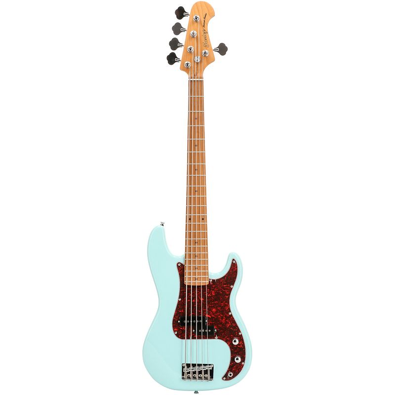 Foto van Fazley sunset series piranha 5 sky blue 5-snarige elektrische basgitaar met gigbag