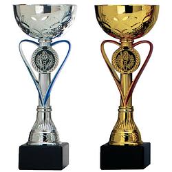 Foto van Luxe trofee/prijs beker - zilver/blauw hart - goud/rood hart - metaal - 20 x 8 cm - fopartikelen