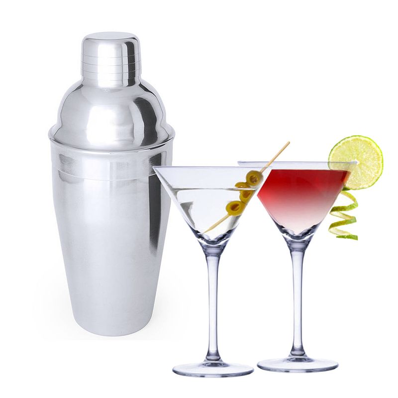 Foto van 4x cocktailglazen / martiniglazen 220 ml + cocktailshaker 550 ml rvs - cocktailglazen