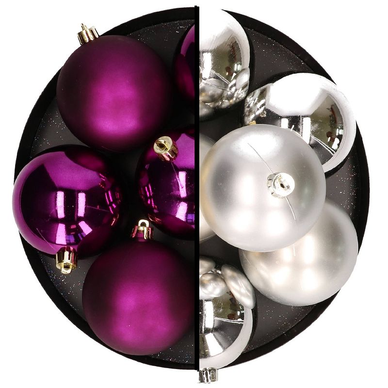 Foto van Decoris kerstballen - 12x st - 8 cm - zilver en paars - kunststof - kerstbal