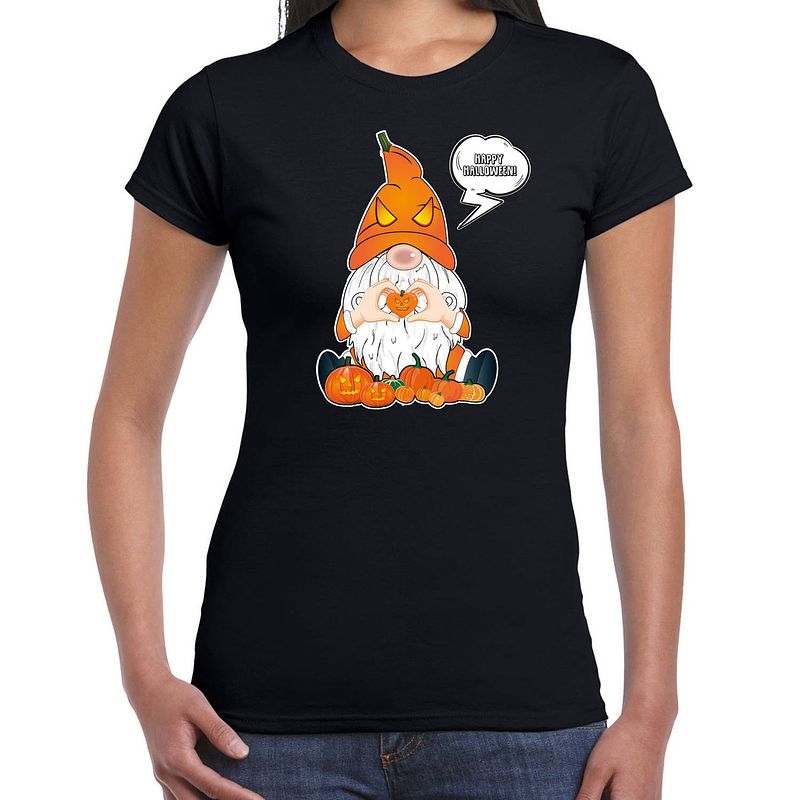 Foto van Bellatio decorations halloween verkleed t-shirt dames - pompoen kabouter/gnome - zwart - themafeest xs - feestshirts