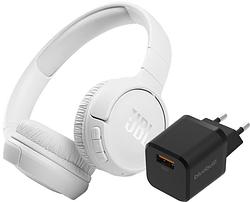 Foto van Jbl tune 510bt wit + bluebuilt quick charge oplader met usb a poort 18w zwart