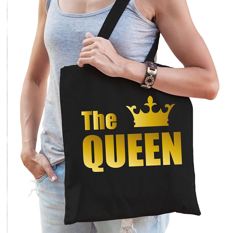 Foto van The queen tas / shopper zwart katoen met gouden tekst en kroon voor dames - feest boodschappentassen