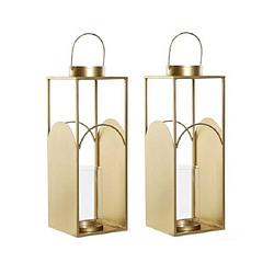 Foto van Set van 2x stuks metalen kaarsenhouders / lantaarns goud met glas 45 cm - lantaarns