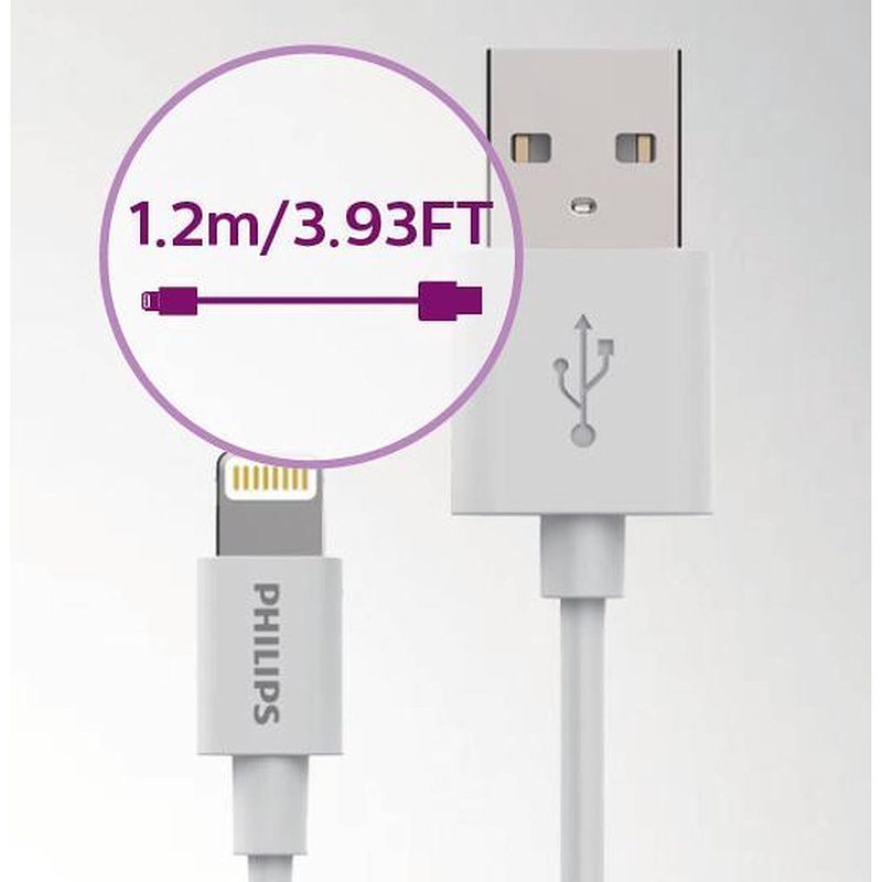 Foto van Philips apple oplaadkabel - dlc2103v - lightning usb - 1.2m - wit