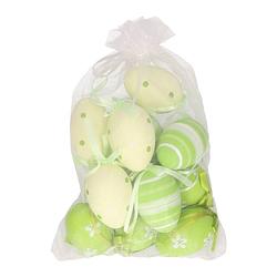 Foto van Set van 12x stuks paaseitjes groen in organza zakje 6 cm - feestdecoratievoorwerp