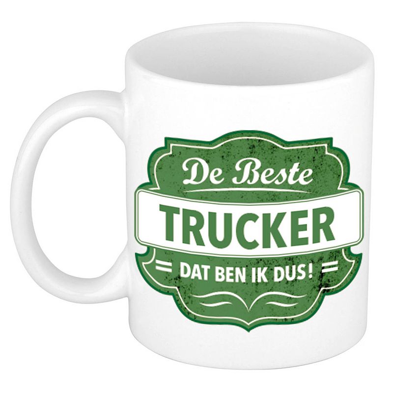 Foto van De beste trucker dat ben ik cadeau mok / beker wit met groen embleem 300 ml - feest mokken