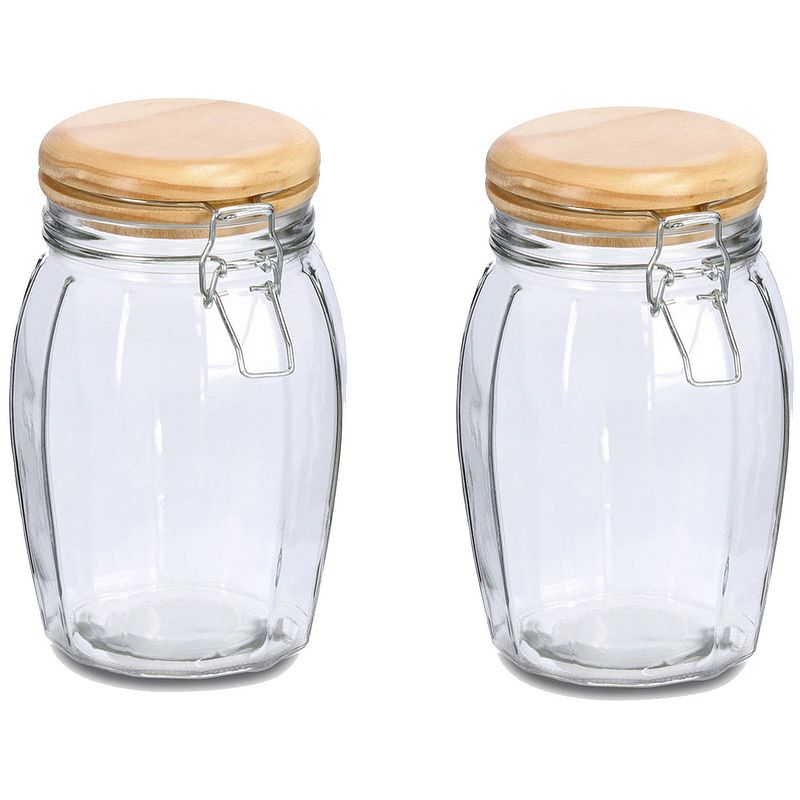 Foto van Zeller voorraadpotten/bewaarpotten - 2x - 1.2l - glas - met beugelsluiting - d12 x h19 cm - voorraadpot