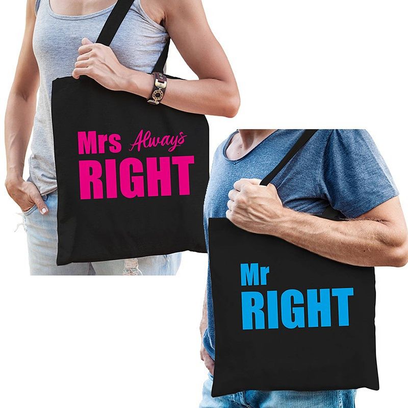 Foto van Katoenen tassen zwart mrs always right en mr right volwassenen - feest boodschappentassen