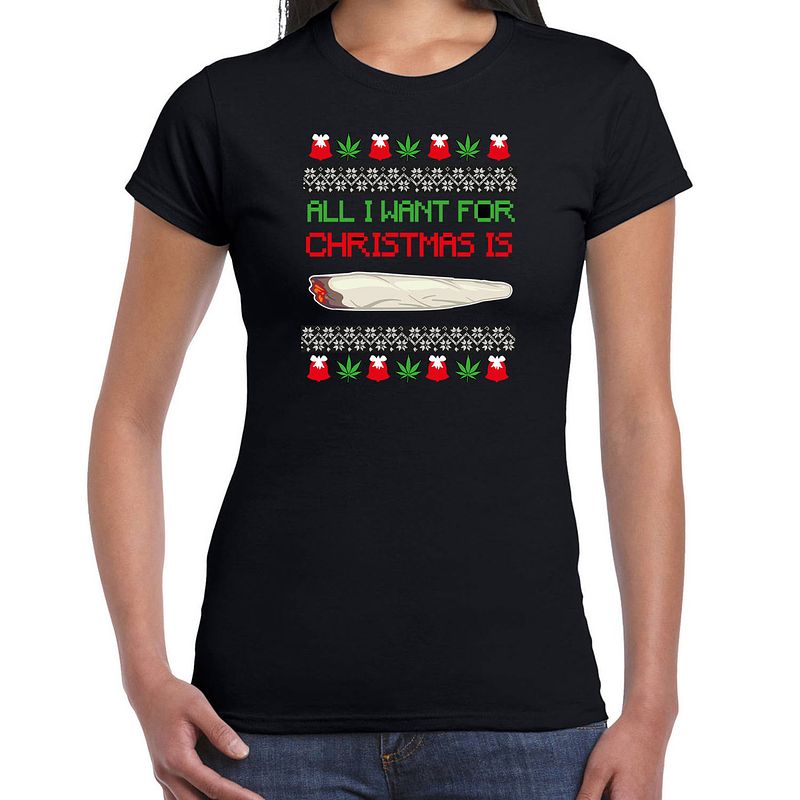 Foto van Bellatio decorations foute kersttrui/t-shirt dames - all i want for christmas is wiet - zwart -joint l - kerst t-shirts