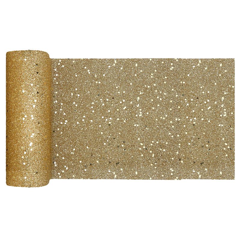 Foto van Kerst thema tafelloper op rol - goud glitter - smal 18 x 500 cm - polyester - tafellakens