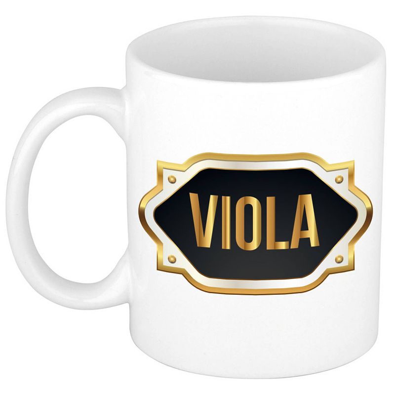 Foto van Naam cadeau mok / beker viola met gouden embleem 300 ml - naam mokken