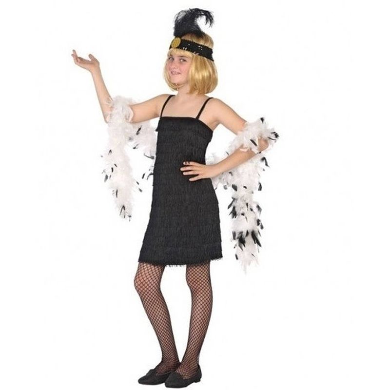 Foto van Flapper franje verkleed kostuum/jurkje zwart voor meisjes 140 (10-12 jaar) - carnavalsjurken