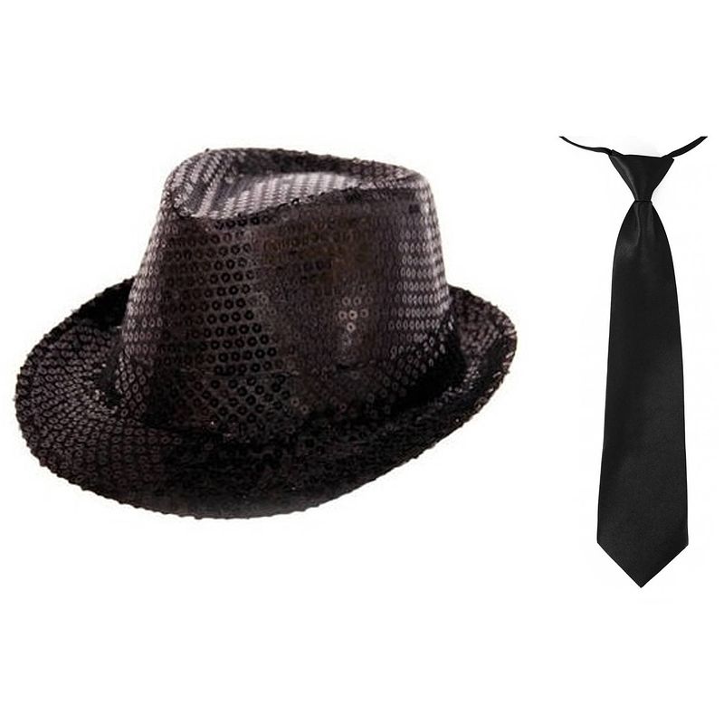 Foto van Carnaval verkleed set glitter hoed en stropdas zwart - verkleedhoofddeksels