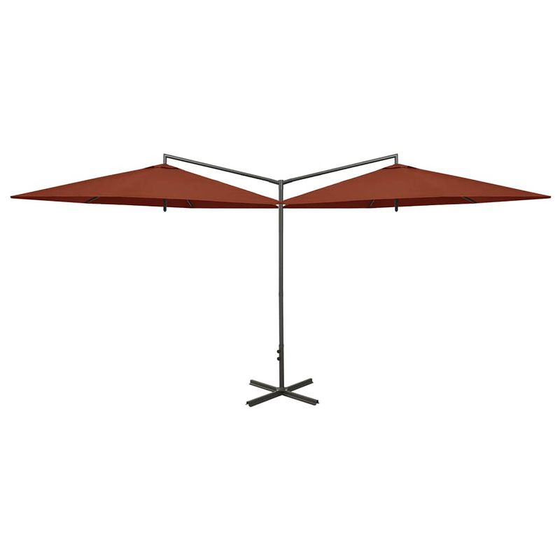 Foto van The living store dubbele parasol - polyester - stalen paal - terracotta - 600x290x260 cm