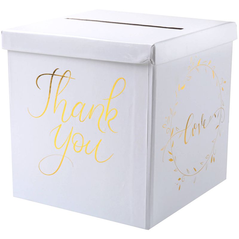 Foto van Enveloppendoos thank you - bruiloft - wit/goud - karton - 20 x 20 cm - feestdecoratievoorwerp