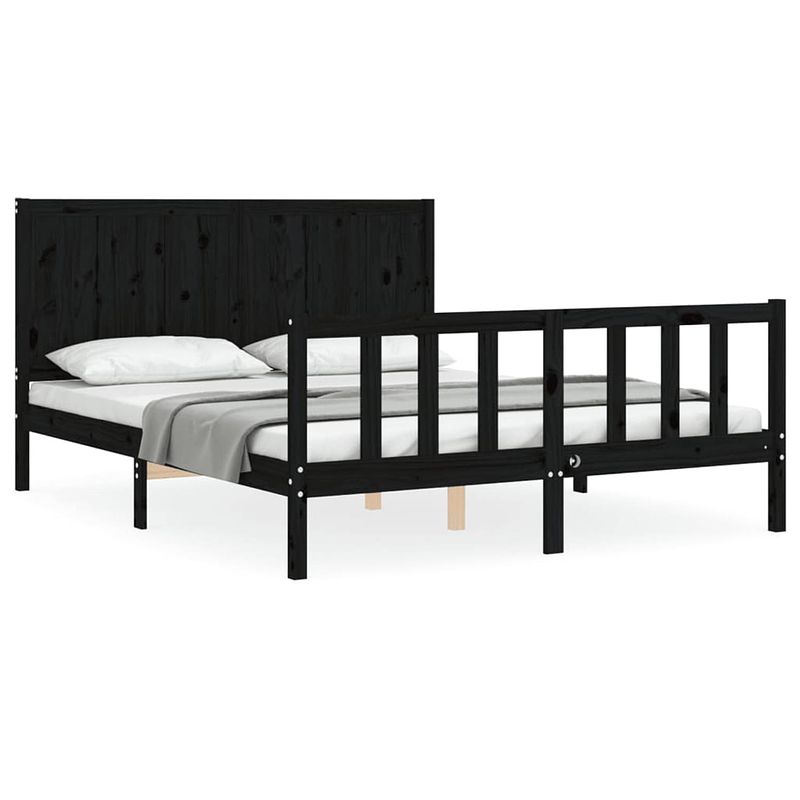 Foto van The living store bed grenenhouten zwart - 205.5 x 165.5 x 100 cm - multiplex lattenbodem - functioneel hoofd- en