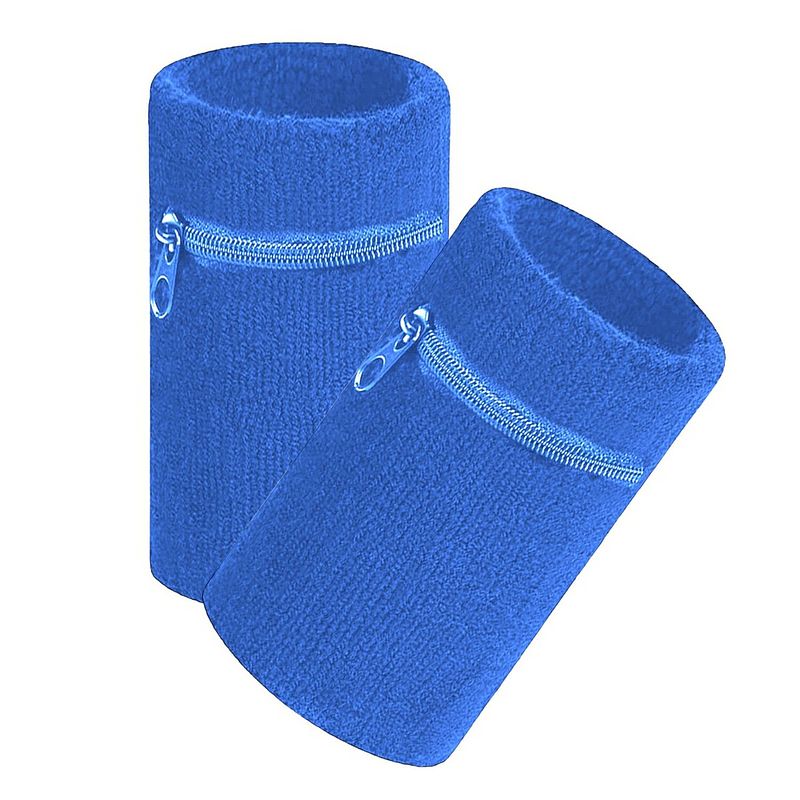 Foto van Arowell premium pols zweetbandje met portemonnee en rits - 12 x 8 cm - kobaltblauw - 2 stuks