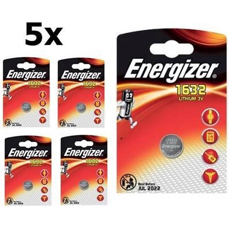 Foto van 5 stuks ( 5 blister ) energizer cr1632 125mah 3v lithium knoopcel batterij