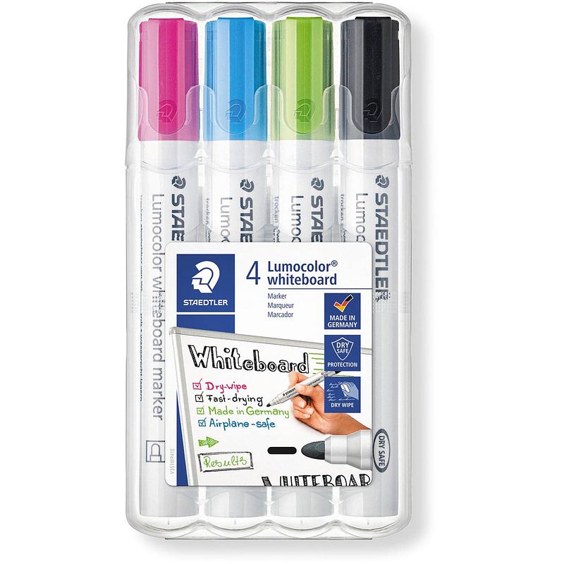 Foto van Staedtler lumocolor whiteboardmarker etui van 4 stuks in geassorteerde kleuren
