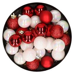 Foto van 28x stuks kunststof kerstballen parelmoer wit en rood mix 3 cm - kerstbal