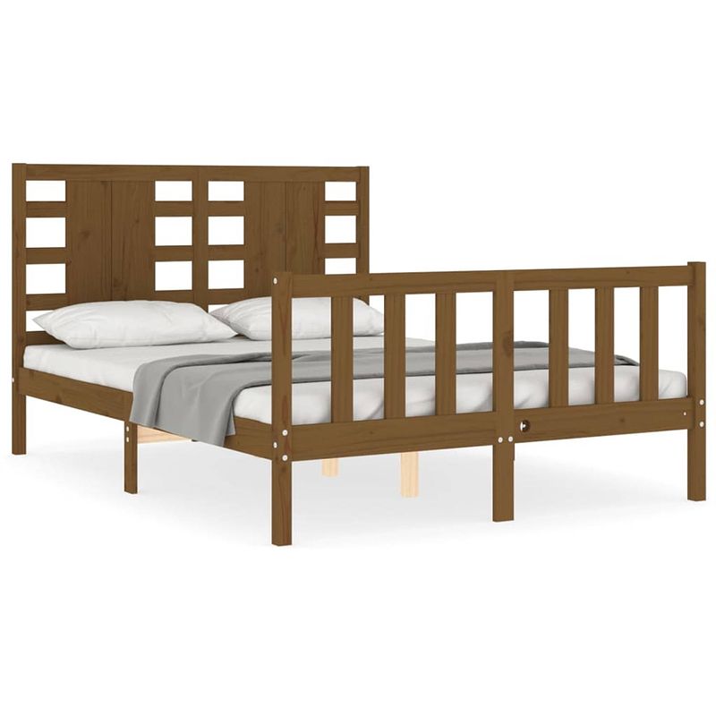 Foto van The living store bedframe massief grenenhout - honingbruin - 205.5 x 145.5 x 100 cm - multiplex lattenbodem