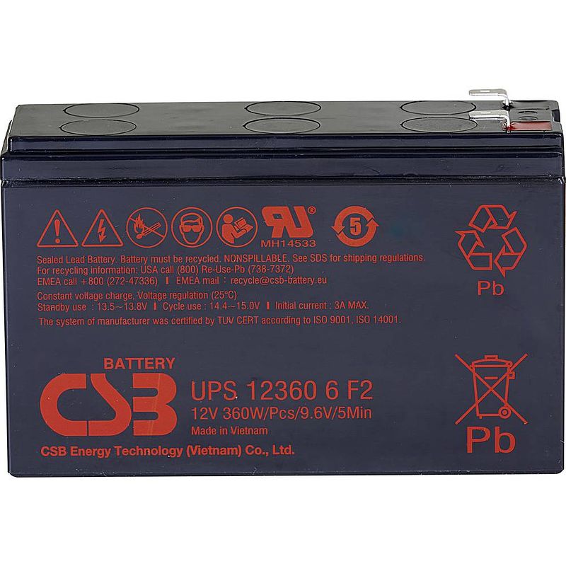 Foto van Csb battery ups 123606 high-rate loodaccu 12 v 7 ah loodvlies (agm) (b x h x d) 151 x 99 x 51 mm kabelschoen 6.35 mm onderhoudsvrij, geringe zelfontlading