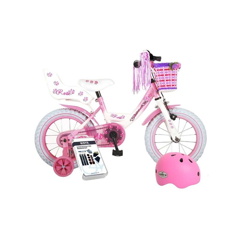 Foto van Volare kinderfiets rose - 14 inch - roze/wit - met fietshelm en accessoires