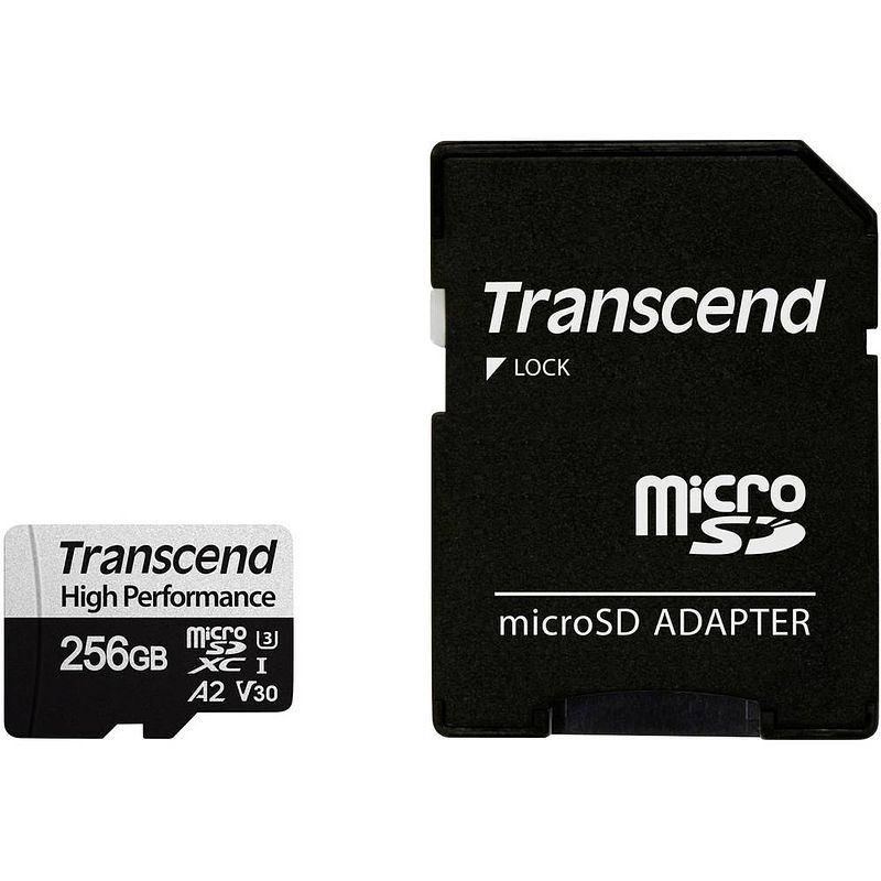 Foto van Transcend 330s microsdxc-kaart 256 gb class 10, uhs-i, uhs-class 3, v30 video speed class a2-vermogensstandaard, incl. sd-adapter